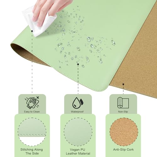 Dual-Sided Desk Pad, Natural Cork & PU Leather Mouse Pad for Desk, Desk Pad Protector, Non-Slip Desk Mat for Office and Home Work, (Light Green, 23.6" x 13.7") - color: Light Green, size: 23.6" x 13.7"