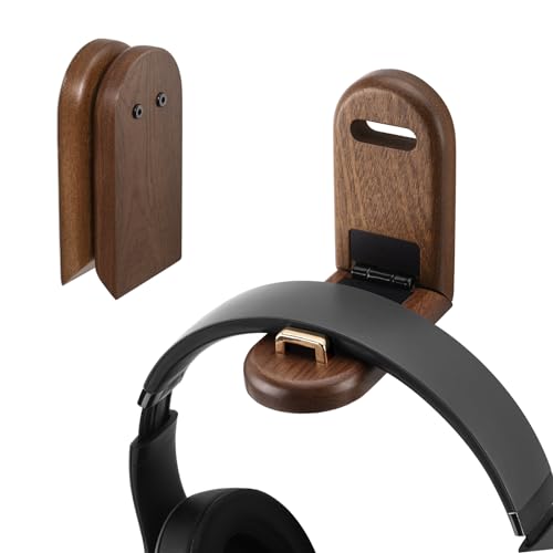 Wood Headphone Stand Wall Mount Holder, Sticky Headset Hook, Under Desk Headphone Hanger,Foldable Desk Headphone Hanger Earphone Clamp for Audio,Studio & Gaming Headphones, moderate
