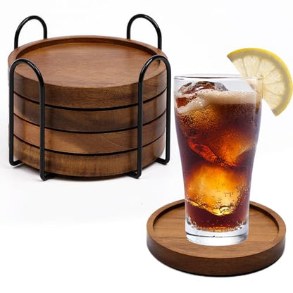 4 Pcs Wood Coasters for Drinks Absorbent, Wooden Coasters with Holder, Drink Coasters for Coffee Table, Absorbent Coaster Set for Table Protection Drink Coasters for Farmhouse, Office, Bar - style: Set of 4
