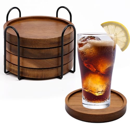 4 Pcs Wood Coasters for Drinks Absorbent, Wooden Coasters with Holder, Drink Coasters for Coffee Table, Absorbent Coaster Set for Table Protection Drink Coasters for Farmhouse, Office, Bar - style: Set of 4