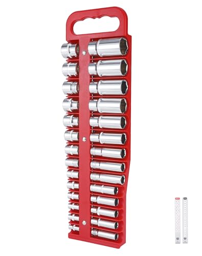 Reniteco Magnetic Socket Holder Set, Red Portable Heavy Duty Socket Rail For 3/8-inch Drive, Hold 28 Sockets - Fit Shallow & Deep Sockets, Sockets Not Included - color: 3/8"-red
