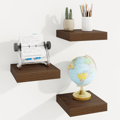 Marsmiles Square Floating Shelves for Wall, 8" W x 8" D x 1.25" H, 3 Pack Small Wall Mounted Engineered Wood Shelves with Invisible Brackets for Living Room, Bedroom, Bathroom, Kitchen Decor, Walnut - color: Dark Walnut With Invisible Metal Brackets, size