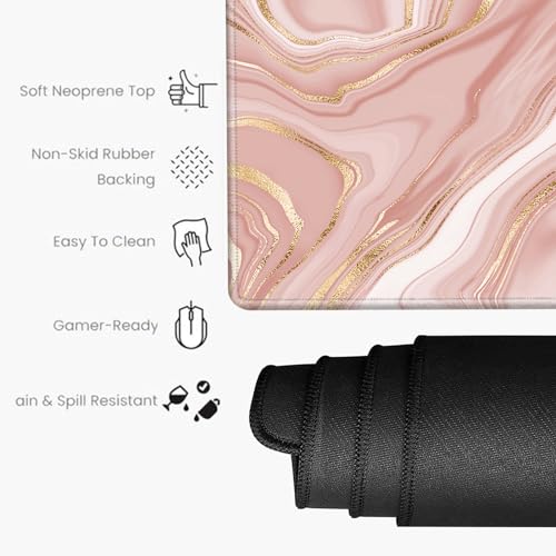 Gold Pink Marble Mouse Pad 24 x 12 inch Mousepad Gaming Desk Mat Large Computer Pad with Non-Slip Base Office Home Work - color: Small Pink Marble, size: 24''X12''