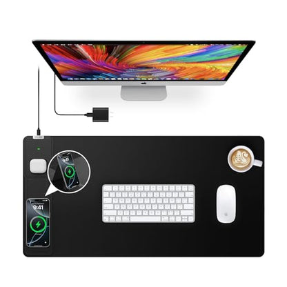 Wireless Charging Mouse Pad with Foldable Phone Holder, 31.5"x15.8" Extended Desk Mat for Laptop/Keyboard, Waterproof Ultra-Smooth Surface, Non-Slip Base & 20W PD Adapter, Black - color: Black-Phone Holder-31.5"x15.8"(with Wall Charger)