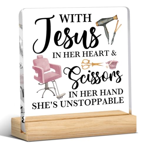 Pink Hair Salon Decor, Hairdresser Gifts, Gift for Hairstylist Women, Salon Decor for Hair Stylist, Cosmetology Graduation Decorations, With Jesus in Her Heart Acrylic Table Decoration - color: With Jesus in Her Heart