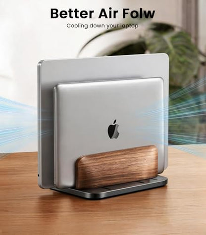 LOXP Vertical Laptop Stand, [Dual Slot Wooden + Aluminum Laptop Holder], Desktop Adjustable MacBook Stand, Adjustable Base, for MacBook Pro/Air, (up to 17.3-inch All laptops) - color: Classic Black