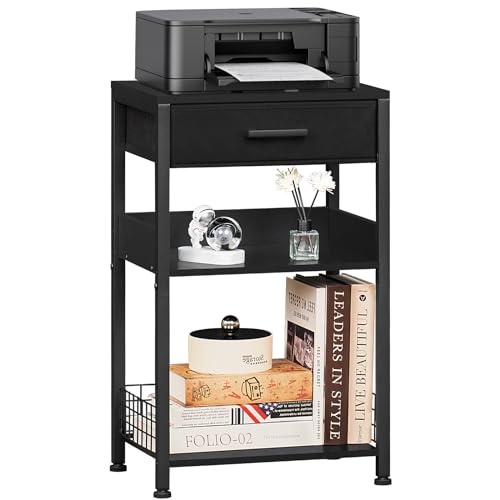 Lerliuo Pure Black Printer Table with Fabric Drawer,3 Tier Industrial Wood Printer Stand with Storage Shelf,Modern Tall End Table,Nightstand,Bed Side Tables for Scanner Fax Home Office Small Spaces - color: Pure Black