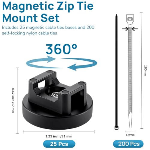 225-Pc Magnetic Cable Ties Set,Magnetic Zip Tie Mounts & Cable Ties | Magnetic Wire Holder, 25 Magnetic Cable Holders & 200 Zip Ties, Magnet Cable Tie Mounts for Cables, Wires, Cords, Hoses-31 mm - size: 31mm