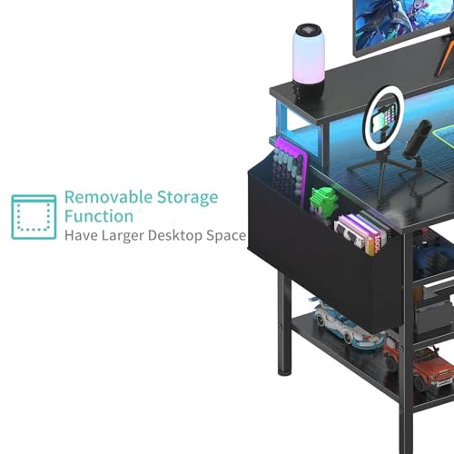 Lufeiya Gaming Desk with LED Lights and Storage Shelves, 47 inch Computer Desk with Power Outlets, Home Office Desk with Monitor Stand, Writing Table PC Desks, Black - color: Black