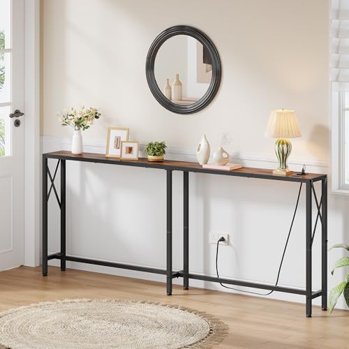 Gewudraw 70 in Skinny Sofa Table Behind Couch, Console Table with Oulets & USB Ports for Hallway, Entryway,Living Room, Bedroom, Rustic Brown - color: Rustic Brown, size: 70W