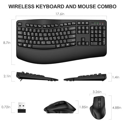 Wireless Keyboard and Mouse Combo, 2.4G Full Size Wave Keys Ergonomic Keyboard with Wrist Rest and 3-Level DPI Adjustable Wireless Ergonomic Mouse for Windows, Mac OS Desktop/Laptop/PC(Black) - color: Black