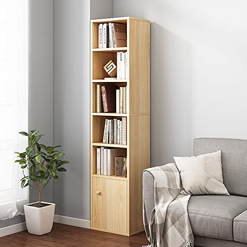 IOTXY Small Narrow Corner Bookcase - 59 Inches Tall Gap Freestanding Storage Cabinet, 6 Lattices Open Shelves Tower Rack with Door, Cubes Bookshelf in Oak - color: Oak, size: 6-Cubes with Door