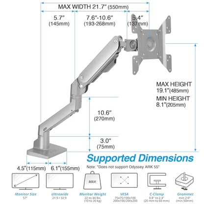 AVLT Single Monitor Arm Desk Mount, Gray | 34-57" Screens, Heavy Duty - color: Gray-34 to 57 Inch