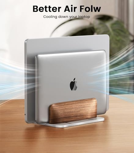 LOXP Vertical Laptop Stand, [Dual Slot Wooden + Aluminum Laptop Holder], Desktop Adjustable MacBook Stand, Adjustable Base, for MacBook Pro/Air, (up to 17.3-inch All laptops) - color: silver