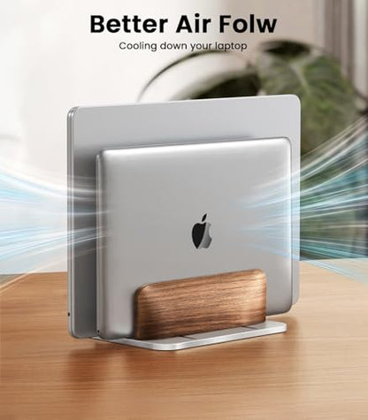 LOXP Vertical Laptop Stand, [Dual Slot Wooden + Aluminum Laptop Holder], Desktop Adjustable MacBook Stand, Adjustable Base, for MacBook Pro/Air, (up to 17.3-inch All laptops) - color: silver
