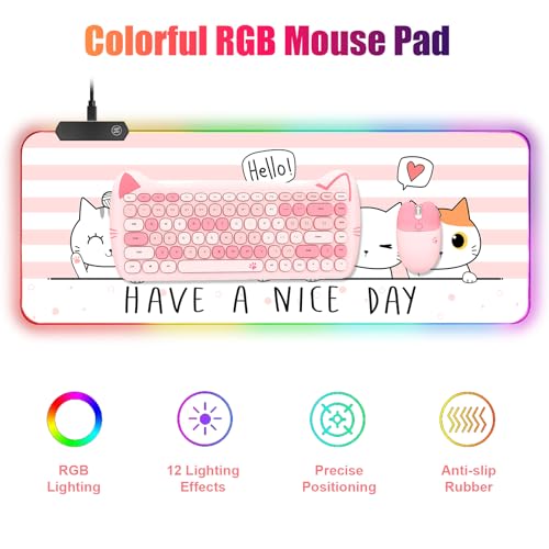 RGB Large Gaming Mouse Pad, Extended Mouse Pad with 12 Lighting Effects, Water Proof Mutispandex Surface, Non-Slip Rubber Base, 80x30 cm / 31.5×11.8 in (Cat) - color: Cat