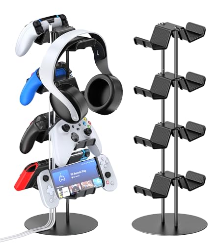 Kytok Controller Stand 4 Tiers with Cable Organizer for Desk, Universal Headphone Stand Compatible with Xbox PS5 PS4 Console Nintendo Switch, Headset Holder & Desk Mounts for 8 Packs Controller - size: 4 tiers+black