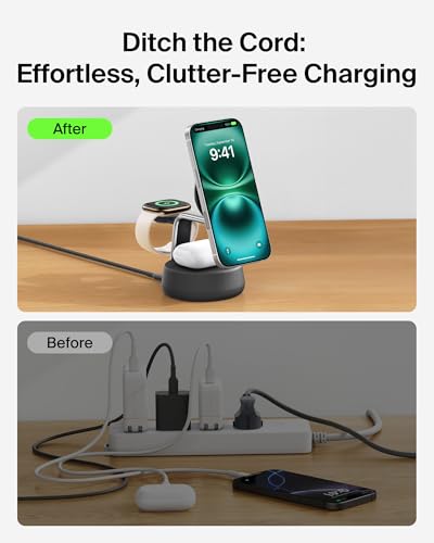 Belkin MagSafe Charger Compatible, 3-in-1 Charging Station, Qi2.2 25W w/Cooling Fan (On/Off Control) Magnetic Wireless Charger for iPhone 17, Apple Watch, AirPods, Pixel 10 (45W Adapter Included) - color: Black, style: 3 in 1