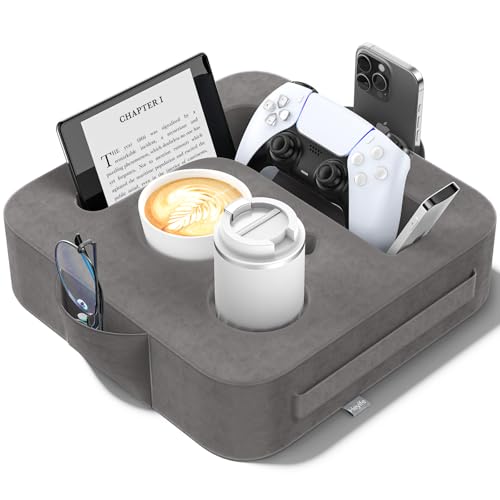 Couch Cup Holder Pillow, Sofa and Bed Caddy for iPad, Kindle, Switch, Game Controller, Remotes, Phones, Small-Sized Cup & Drink Holder for Couch, Bed, Desk, Car, Beach, Bathroom Cup Holder, Deep Gray - color: Deep Gray, size: S-12"×12"×3.2"