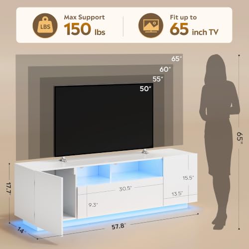 WLIVE LED TV Stand for 55/60/65 Inch TVs, Modern Entertainment Center with Storage Cabinets and Drawer, Gaming Media TV Console with RGB Lights for Living Room，Bedroom, White - color: White, size: 58'' Modern TV Stand