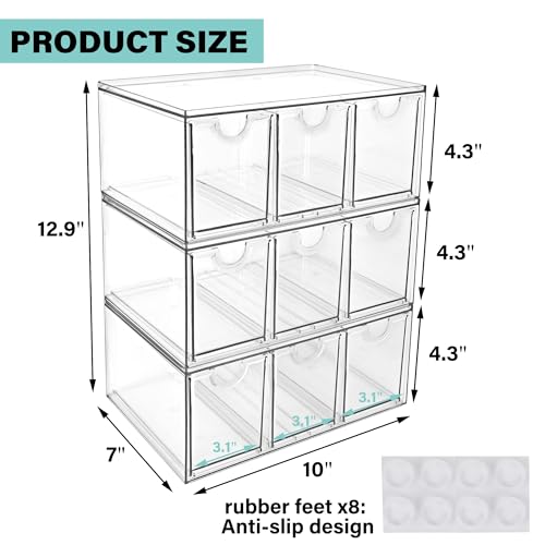 Prsildan Craft Art Supply Organizer Stackable Storage Drawer with 9 Drawers | Clear Acrylic, Tea Bag K Cup Organizer, for Kitchen Office Desk Vanity Makeup Organizer, 3 Pack - style: Style3-9Drawers