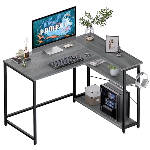 Pamray 43 Inch L Shaped Computer Desk with Reversible Side Storage Shelves, Small Corner Desk for Small Space Home Office,Writing Study Table PC Desk for Bedroom,Espresso Gray - color: Grey, size: 43 Inch