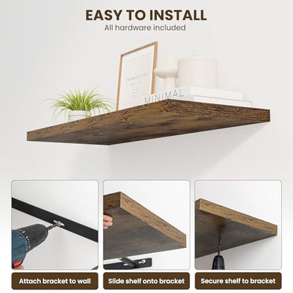 Dreamland 40" Floating Shelves for Wall, 12" Deep Slim Rustic Brown Floating Shelves, Wall-Mounted Shelves for Bedroom, Living Room, Kitchen, Bathroom - Set of 2