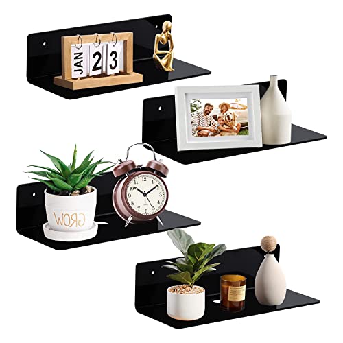 9 Inch Acrylic Floating Shelf No Drill Adhesive Wall Shelf Set of 4 for Funko Pop Storage, Floating Shelves Damage-Free Expand Wall Space for Living Room, Bathroom, Gaming Room, Office - Black - color: Black