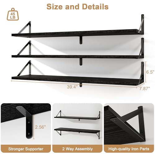 Fun Memories Long Wall Shelves for Bedroom, Set of 3 Large 40-Inch Floating Bookshelves, Rustic Wood Display Shelf for Home and Office (Black) - color: Black, size: 40"W x 8"D