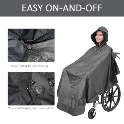 Waterproof Wheelchair Poncho, Windproof Rain cover adults Mobility Scooter Poncho Cape - color: Black