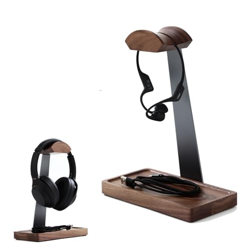 Walnut Headphone Stand, Wood Headset Stand for Desk, Gaming Headphone Holder with Storage Base Compatible with Airpod max, Bose, Razer, Sennheiser, Jabra, JBL, AKG, Grey, Vintage Gift for Men - color: Space Grey