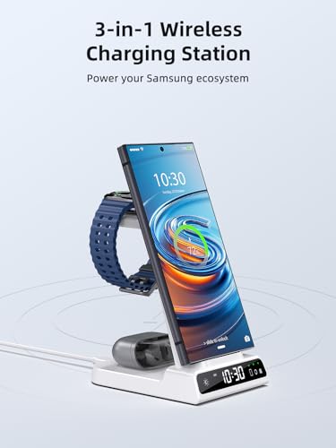 Wireless Charger for Samsung Charging Station: 3 in 1 Android Charging Stand with Dimmable Clock - Nightstand Organizer for Galaxy S25 Ultra, Galaxy Watch 8 7 6 5 4, Galaxy Buds (Not for iWatch) - color: White