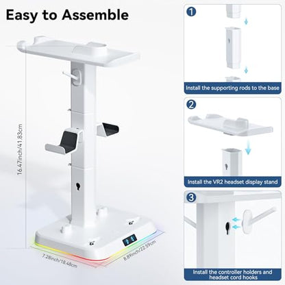 Kosker PSVR2 Magnetic Charging Dock & Headset Stand, for Meta Quest 2/3/3S | Fast 2.5H Charging, 9 RGB Lighting Modes, Overcharge Protection, Storage Holder for VR2 Headset & Sense Controllers - color: updated white