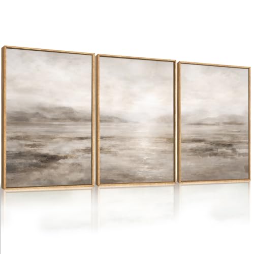 HPNIUB Larger Abstract Neutral Brown Framed Canvas Wall Art Set,Modern Misty Watercolor Lake Landscape Wall Decor, Minimalist Texture Pastel Artwork for Living Room,Bedroom,Office-16 x24 x3 - color: Brown Misty Wall Art, size: 16"L x 24"W