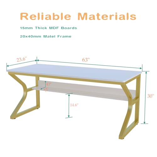 OSCHF Extra Long Desk with Bookshelf - 63" Double Long Writing Table for 2-Person Workstation, Modern Study Work Computer Desk for Home and Office, Gold - color: Gold + White, size: 63x23.6 inch