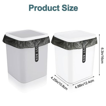 2Pcs Mini Trash Can with Lid, Plastic Mini Wastebasket with 5 Roll Trash Bags, Tiny Desktop Waste Garbage Bin for Kitchen Bathroom Office Home Desk Bedroom Vanity Tabletop(White+Grey)