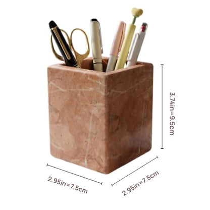 Natural Marble Pen Holder, 2.95” x 3.74” Square Makeup Brush Organizer, Toothbrush Holder, Multi-Purpose Marble Caddy for Desk, Bathroom Vanity, Small Flower Vase & Office Supplies (Rosa Verona) - color: Rosa Verona