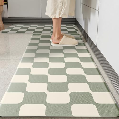 Sage Green Beige Retro Curvy Checkered Grid Checkerboard Kitchen Rug Sets [2 PCs], Anti-Fatigue, Waterproof Non-Slip Kitchen Mats Heavy Duty Comfort Foam Rug for Floor, Home, Laundry,17"x29"+17"x47" - color: Milkgrid-sage & Beige, size: 17.3"x29"+17.3"x47