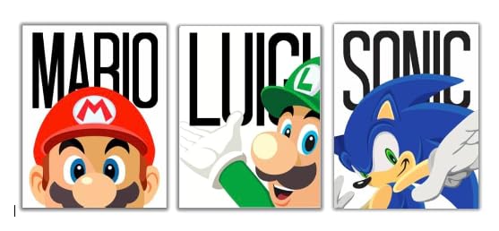 Mario, Luigi, Sonic Art Print Set of 3, Gaming Room Wall Decor, 3 Piece Collection, Video Game Characters - 11x14 Poster Print - UNFRAMED