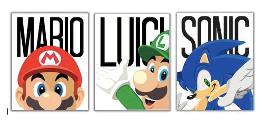 Mario, Luigi, Sonic Art Print Set of 3, Gaming Room Wall Decor, 3 Piece Collection, Video Game Characters - 11x14 Poster Print - UNFRAMED