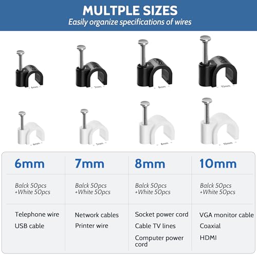 400 Pack Cable Clips with Steel Nails Kit, OD: 6mm/7mm/8mm/10mm Round U Nails (Black&White, Each 50PCS, Total 400PCS), Cable Wire Cord Management Clips, for Wall, Floor, Ceiling, Ethernet, Coax Cable