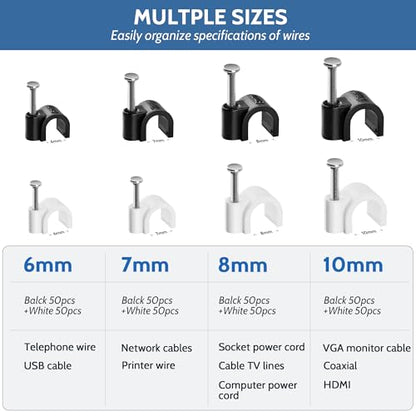 400 Pack Cable Clips with Steel Nails Kit, OD: 6mm/7mm/8mm/10mm Round U Nails (Black&White, Each 50PCS, Total 400PCS), Cable Wire Cord Management Clips, for Wall, Floor, Ceiling, Ethernet, Coax Cable