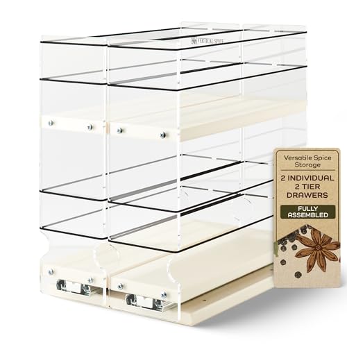 Vertical Spice - Large Pullout Sliding Spice Rack Organizer - 2 Individual 2 Tier Drawers - Premium Rolling Seasoning Holder/Caddy for Hidden Pantry Storage - Made in USA (6.9''W x 10.75" H x 10.6''D) - color: 2-3.25" Drawers, 2-Tier Cream Assembled