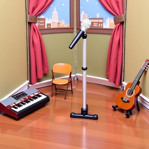 Black Mini Model Microphone,1:12 Dollhouse Miniature Scene Model Microphone with Stand Play Toy, Decortion, Dollhouse Furniture, Doll's Microphone Dollhouse Decoration Accessories(90 x 18 mm)