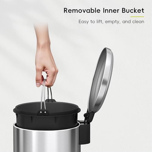 EKO Serene 5L / 1.32 Gallon Step Trash Can with Lid, Small Stainless Steel Round Garbage Can with Removable Inner Bucket, Compact Bin for Powder Rooms, Offices & Tight Bathroom Spaces. - color: Stainless Steel, size: 5L