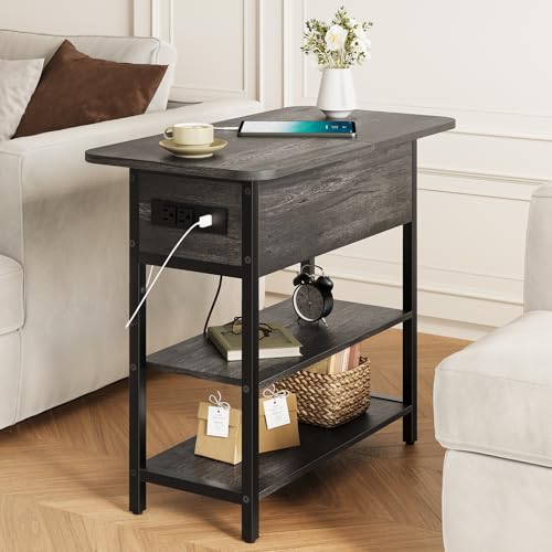 Yoobure End Table with Charging Station, Flip Top Side Table with USB Ports and Outlets, Sofa Couch Table Bedside Table for Living Room Bedroom, Narrow Nightstand with Storage Shelves for Small Space - color: Charcoal Gray