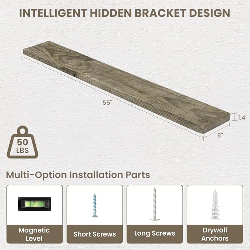 Acovy 55" Unfinished Solid Reclaimed Wood Floating Shelves, Rustic Heavy-Duty Wall Shelves, 8" Deep Floating Shelf for Living Room, Bathroom, Bedroom and Kitchen, Set of 1, Grey - color: Cement Grey, size: 55inches-1P