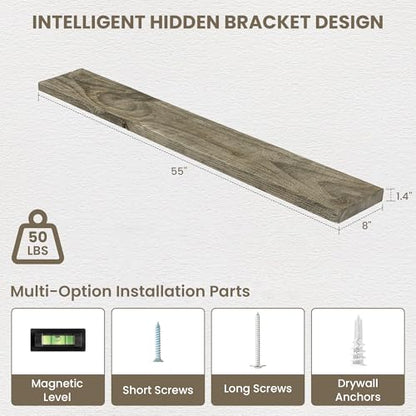 Acovy 55" Unfinished Solid Reclaimed Wood Floating Shelves, Rustic Heavy-Duty Wall Shelves, 8" Deep Floating Shelf for Living Room, Bathroom, Bedroom and Kitchen, Set of 1, Grey - color: Cement Grey, size: 55inches-1P