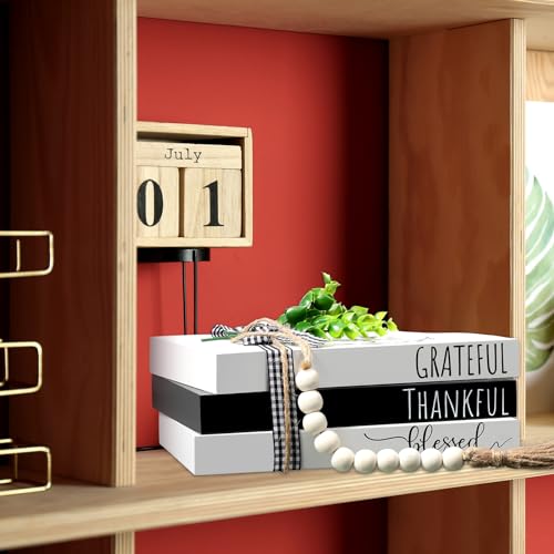 Capoda 3 Pcs Decorative Books for Home Decor Farmhouse Faux Stacked Books Wooden Rustic Table Decor with Bead Garland Twine Ribbon Faux Leaf for Table(Classic) - style: Classic