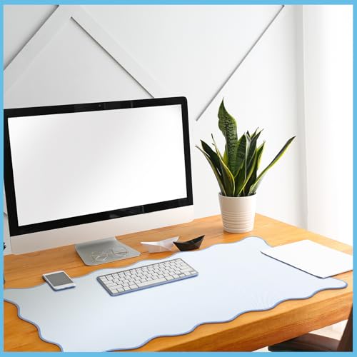 Hahafelt Scalloped Desk Mat Large Desk Pad Cute Coquette Table Mat Back to School Preppy Table Make up Pad Nonslip Graduation Gift with Stitching Waterproof Gaming(Blue,36 x 17 Inches) - color: Blue, size: 36L x 17W inches